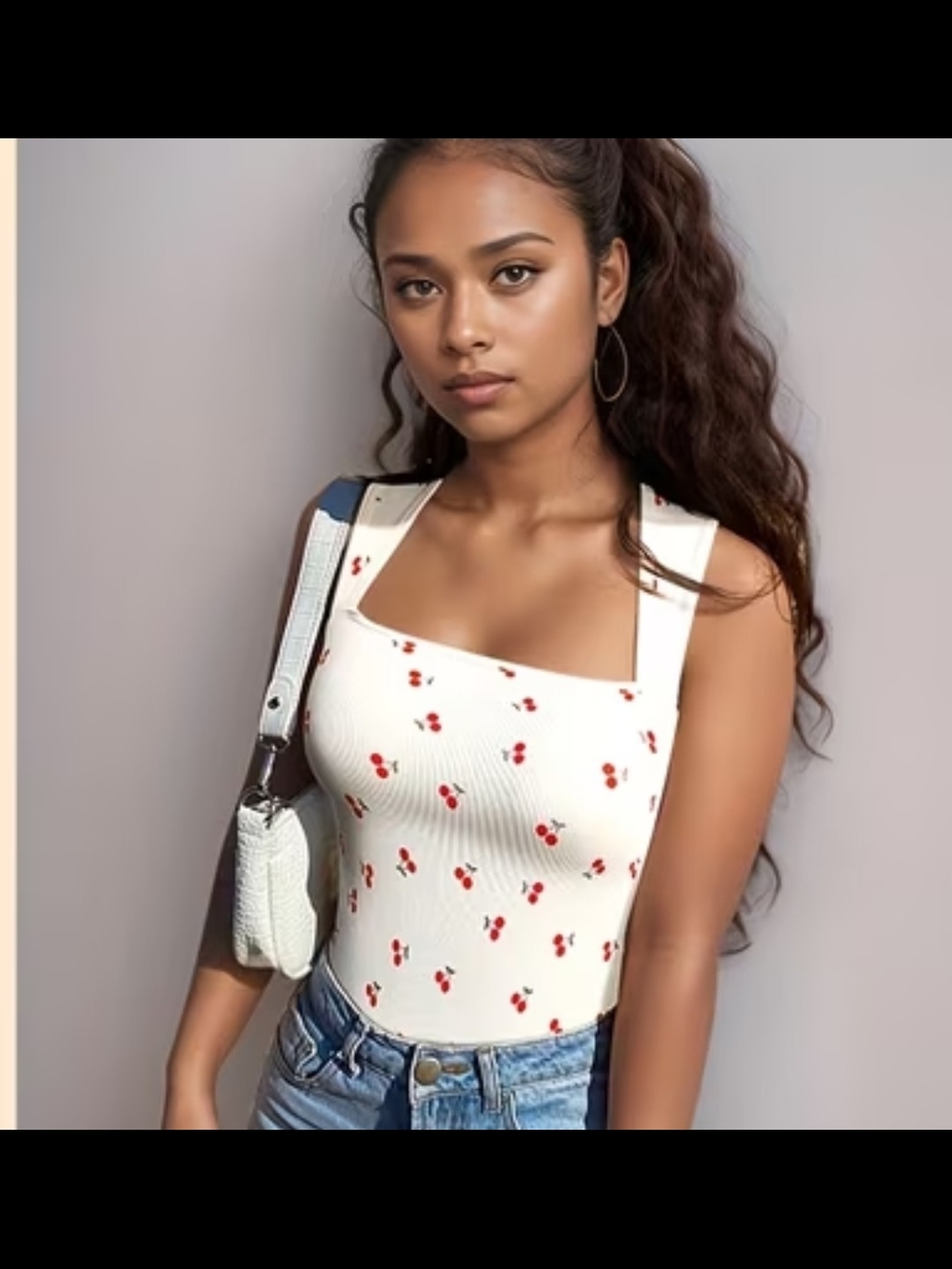 Cream Color Cherry-Print Ribbed Square-Neck Tank Top